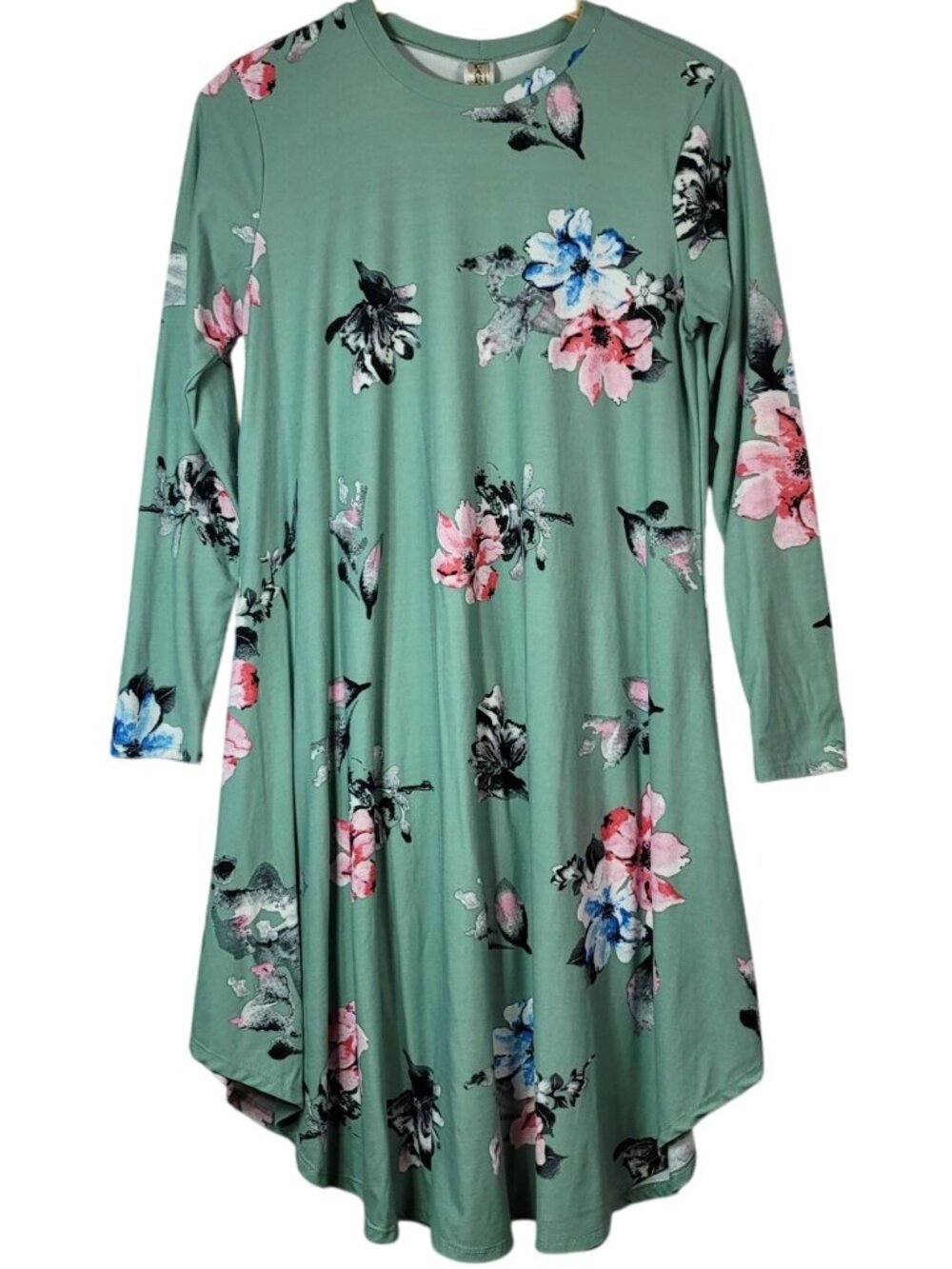Lara Fashion Floral Dress Green Medium Long Sleeve Round Neck Above Knee Shift